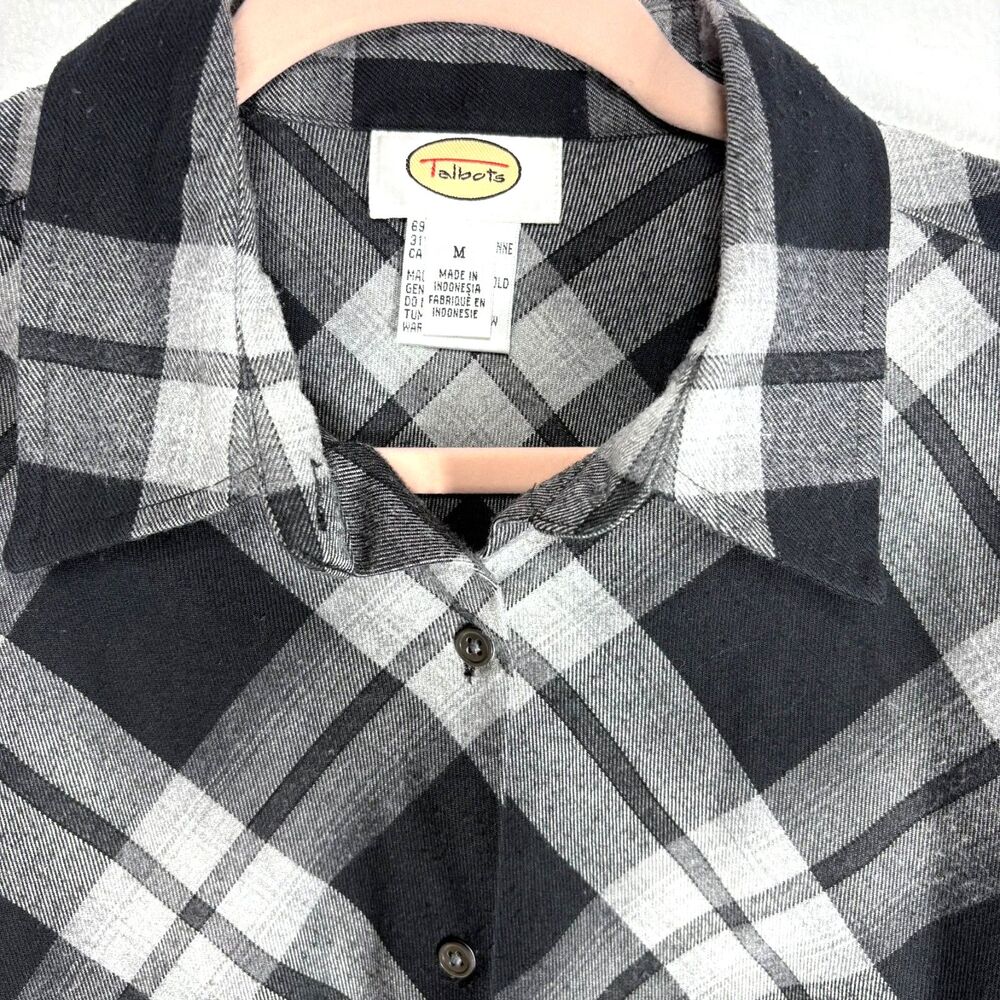Talbots Womens Vintage Shirt Size Medium Plaid Black Gray Button Up Blouse